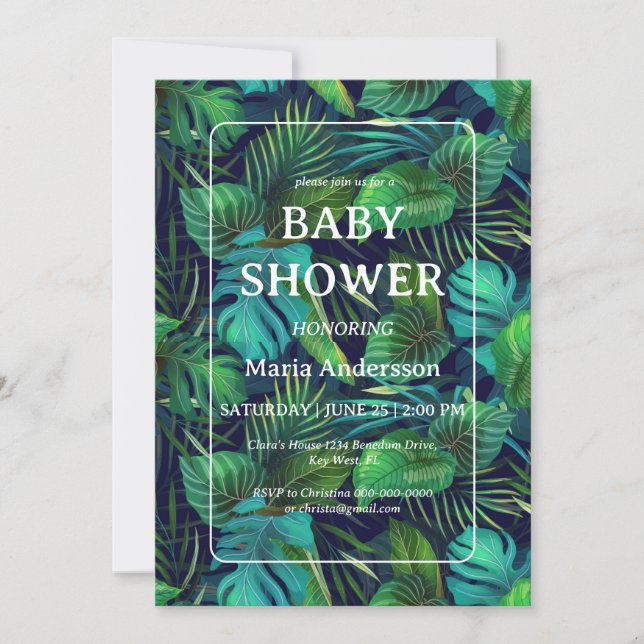 Tropiskt bladsmönster baby shower inbjudningar (Framsida)