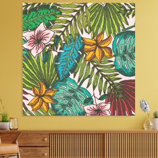 Tropiskt Bladsmönster - Boho Blommig Dekor Canvastryck