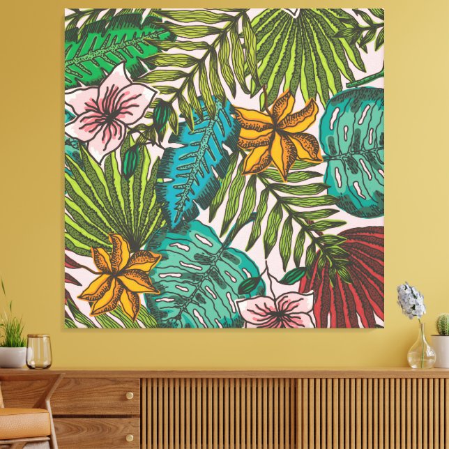 Tropiskt Bladsmönster - Boho Blommig Dekor Canvastryck (Insitu (Vardagsrum))