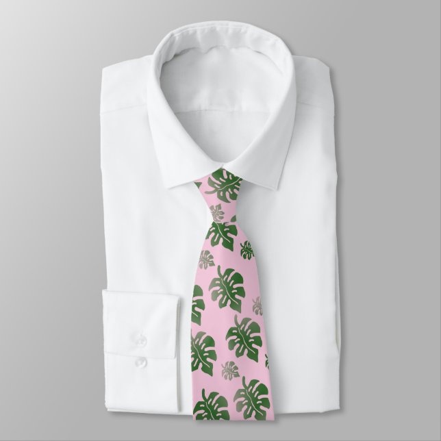 Tropiskt bladsmönster grönt på rosa  slips (Bunden)