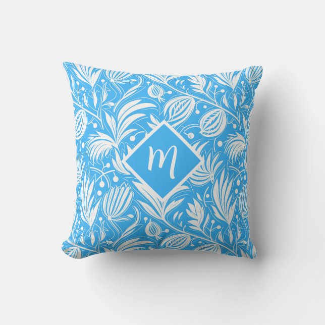 Tropiskt Blått Blommönster Diamantmonogram Kudde (Framsida)
