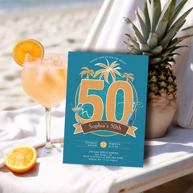 Tropiskt blått nautiskt bioband 50:e födelsedagen inbjudningar (nautical birthday invitation 50th for her women tropical modern sleek elegant classy blue orange)