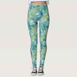 Tropiskt Blått Palmblad Vattenfärg Mönstrat Leggings