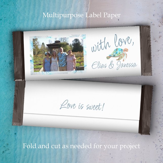 Tropiskt blått, vitt Bröllop-godis Pub-skrapor (white blue sea turtle wedding chocolate candy bar wrapper label paper personalized DIY budget favor)