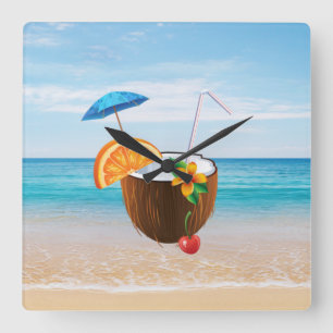 Tropiskt block,Blå himmel,Ocean Sand,Coconut Cocta Fyrkantig Klocka