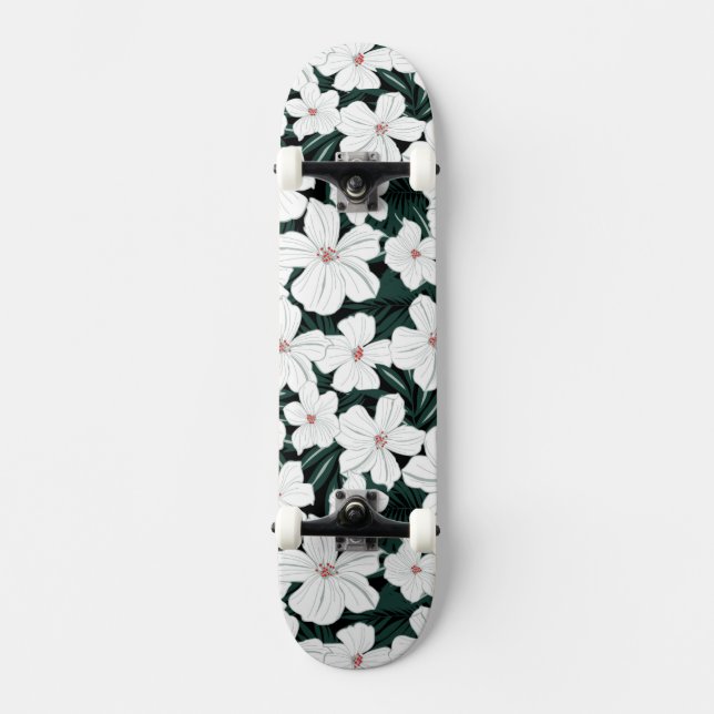 Tropiskt blommamönster för vit skateboard bräda 20 cm (Framsida)