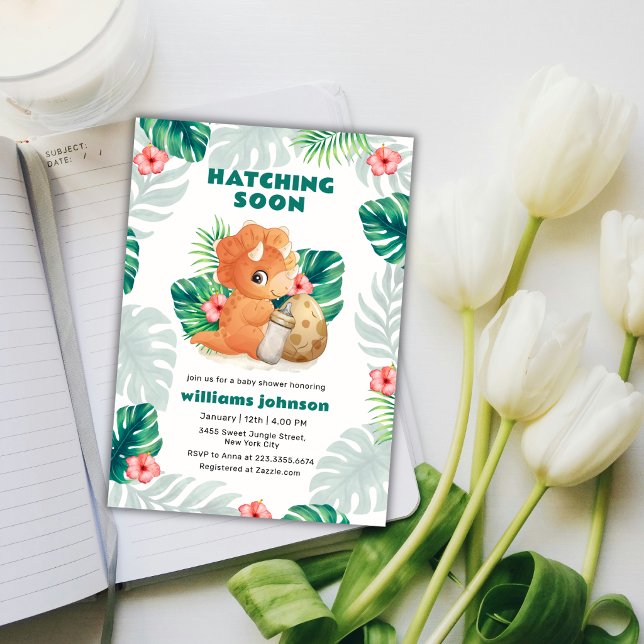 Tropiskt blommande dinosaurie-barnkalas  inbjudningar (Tropical Flower Hatching Dinosaur Baby Shower Invitation)