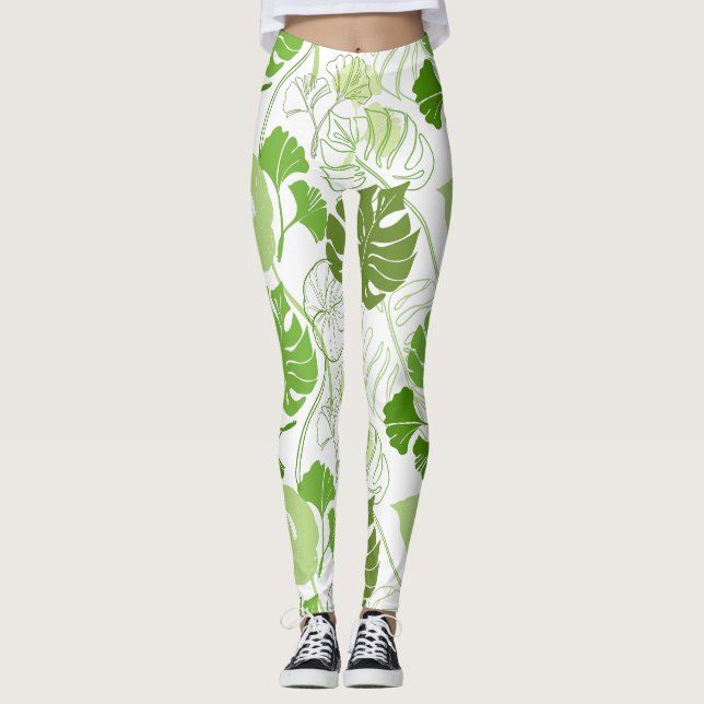 Tropiskt blommande grönt mönster på leggings (Framsida)