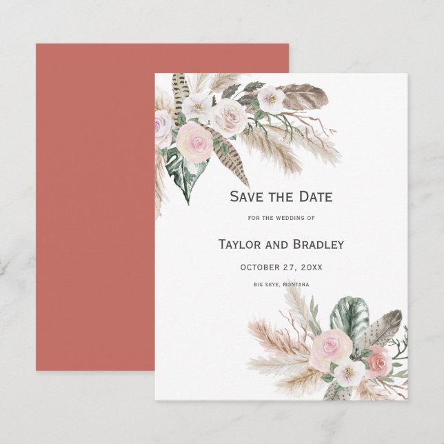 Tropiskt blommande prydnadsgräs, fjädrar, rustikt  spara datumet (Fram/baksida)