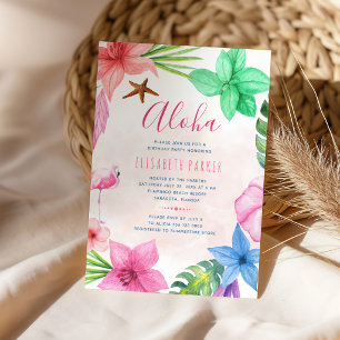 Tropiskt blommande rosa hawaiisk luau-födelsedagsf inbjudningar