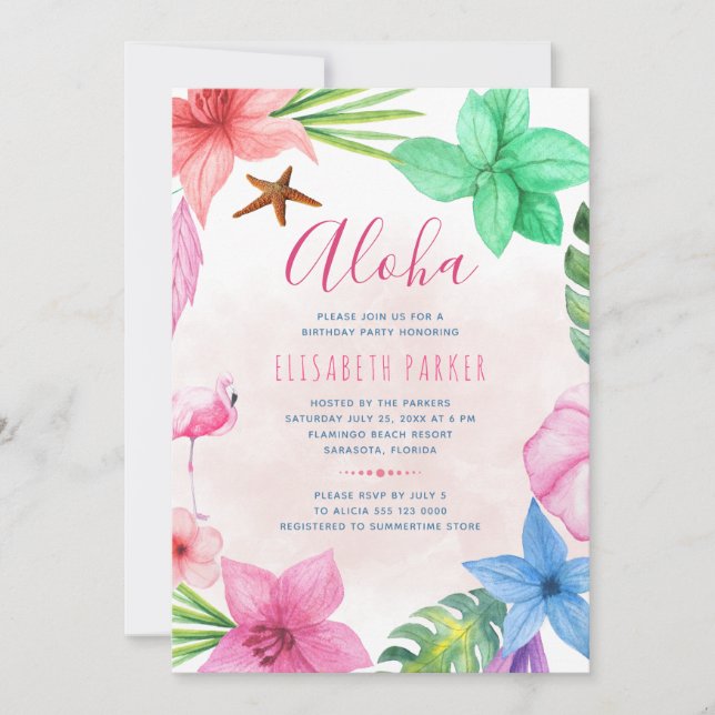 Tropiskt blommande rosa hawaiisk luau-födelsedagsf inbjudningar (Framsida)