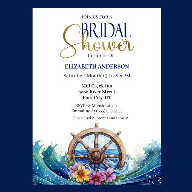 Tropiskt blommande seglande hjul bröllopsdusch inbjudningar (Nautical Bridal Shower invitation with ship wheel, ocean waves, and tropical flowers )