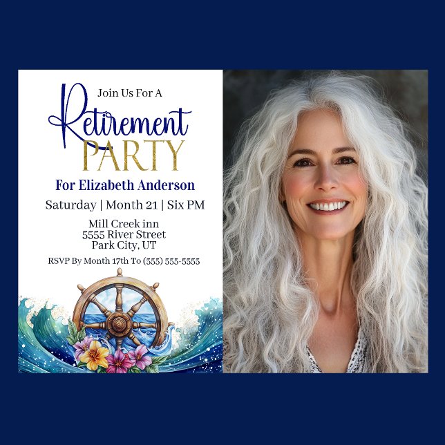 Tropiskt blommande seglande hjul pensionsfest inbjudningar (Nautical Retirement Party invitation with ship wheel, ocean waves, and tropical flowers )