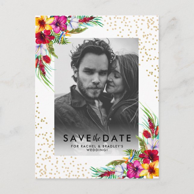 Tropiskt Blommig Guld Foto Bröllop Spara datumet Inbjudan Vykort (Framsida)