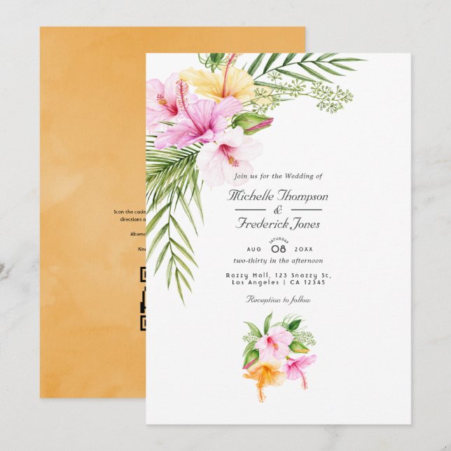 Tropiskt Blommigt Beach QR-kod OSA Bröllop Inbjudningar (Fram/baksida)