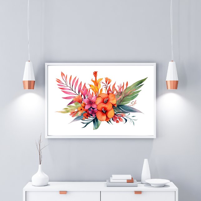 Tropiskt Blommigt Flowers Rosa Peach Gult Orange Poster (tropical Floral Flowers Wall Art Poster. Flowers are shades of pink, peach, yellow and orange green)