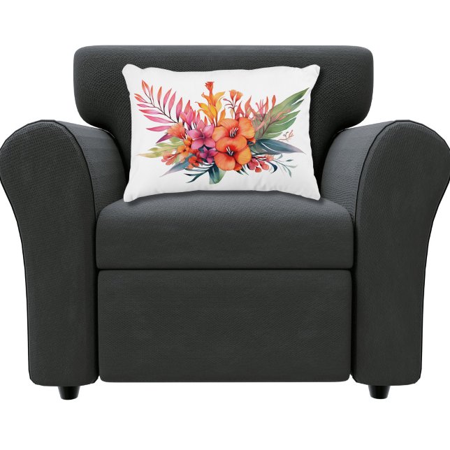 Tropiskt Blommigt Flowers Rosa Peach Gult Orange Prydnadskudde (Pink Peach Orange Yellow Tropical Floral Flowers with Greenery Throw pillow accent pillow. )