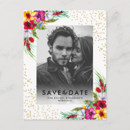 Tropiskt Blommigt Guld Foto Bröllop Spara Datum Inbjudan Vykort