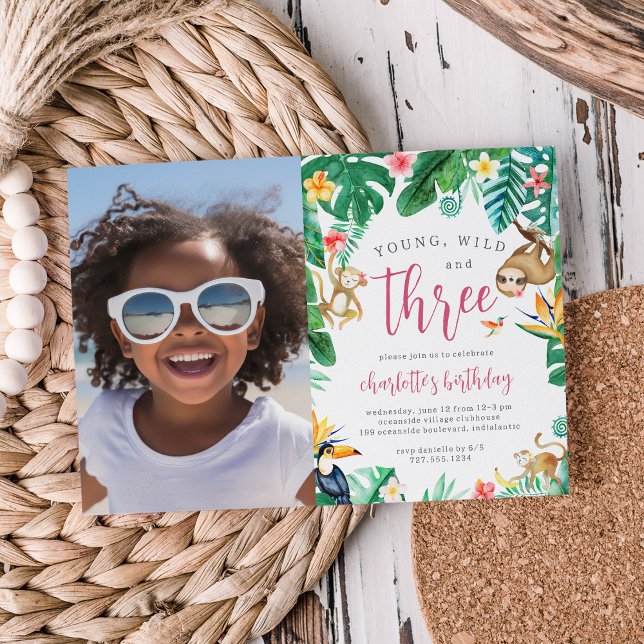 Tropiskt Blommigt Jungle Animals Barns födelsedag  Inbjudningar (Skapare uppladdad)