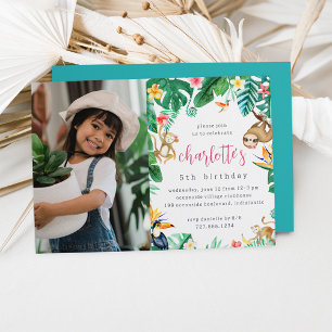 Tropiskt Blommigt Jungle Animals Barns födelsedag Inbjudningar