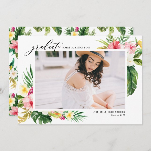 Tropiskt Blommigt Ram Foto Studenten Inbjudningar (Fram/baksida)
