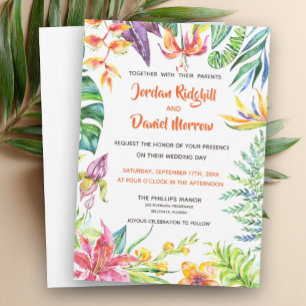 Tropiskt Blommigt Vatercolor Modern Beach Wedding Inbjudningar