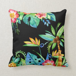 Tropiskt Blommigt Watercolor Black Kudde