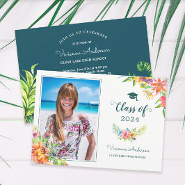 Tropiskt Blommigt Watercolor Grad Photo Studenten Inbjudningar