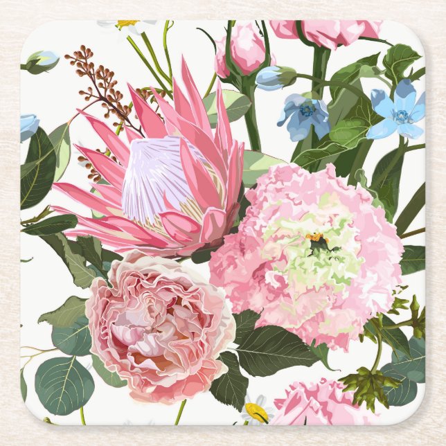 Tropiskt blommönster med rosa blommor. underlägg papper kvadrat (Framsidan)