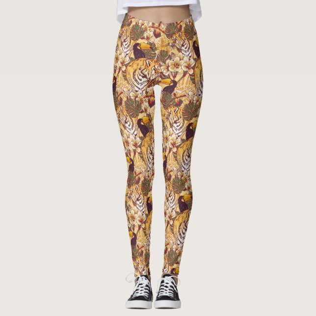 Tropiskt Blommönster med tigern Leggings (Framsida)