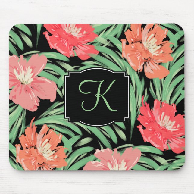 Tropiskt Blommönster med vattenfärg med Monogram Musmatta (Framsidan)