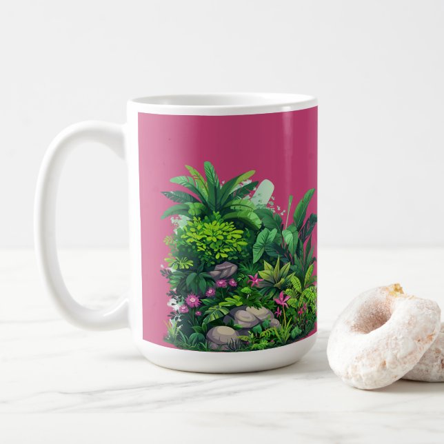 Tropiskt Blommönster på Fuschia Ro Kaffemugg (Med munk)