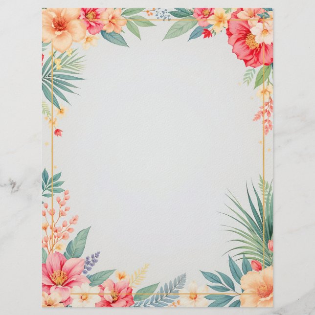 Tropiskt blommotiv på blått brevpapper (Framsida)