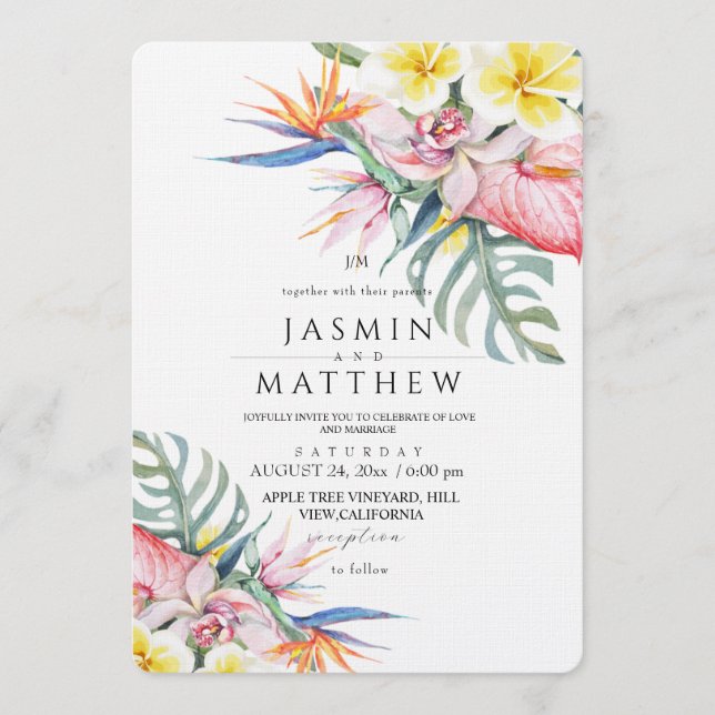 Tropiskt blomster botanisk bröllop inbjudningar (Framsida)
