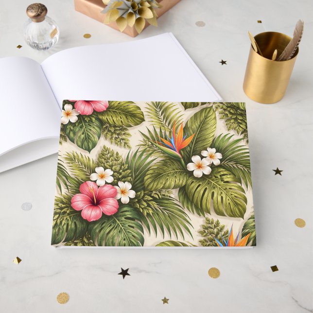 Tropiskt blomster Mönster – Hibiskus, Monstera  Gästböcker (Framsida Öppen)