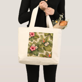 Tropiskt blomster mönster – Hibiskus, Monstera  Jumbo Tygkasse