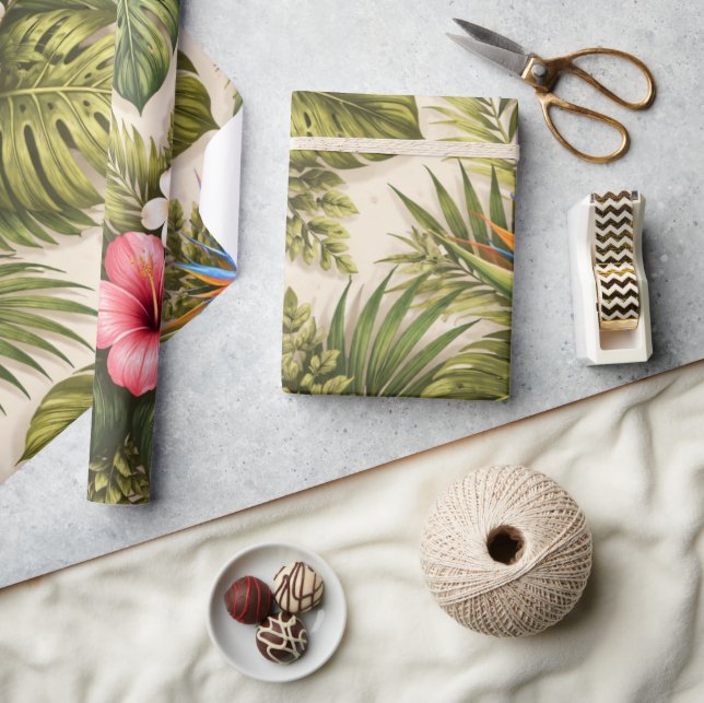 Tropiskt blomster Mönster – Hibiskus, Monstera  Presentpapper (Hantverk)
