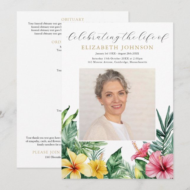 Tropiskt blomsterarrangemang minnesstund begravnin program (Fram/baksida)
