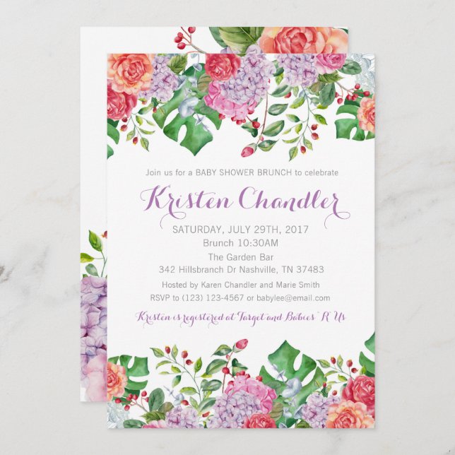 Tropiskt blomsterbrunch för flickbaby - inbjudan t (Fram/baksida)