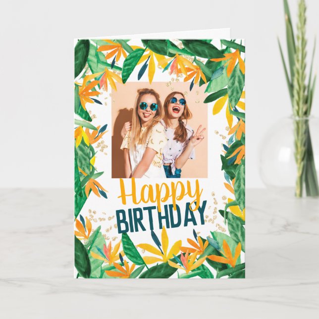 Tropiskt blomsterglatt födelsedagsfoto kort (Framsida)