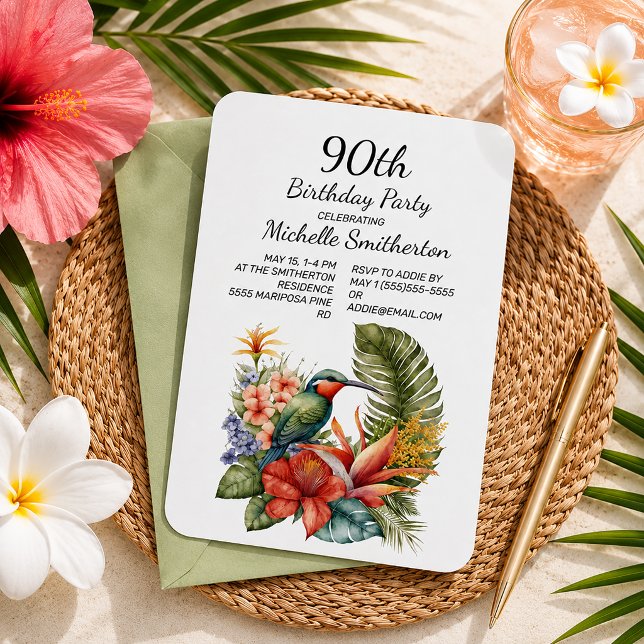 Tropiskt blomsterkolibri 90-årsdag inbjudningar (Tropical hummingbird 90th birthday party invitation)