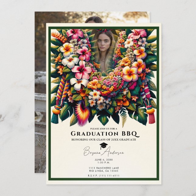 Tropiskt blomsterlei-examen Foto BBQ-fest  Inbjudningar (Fram/baksida)