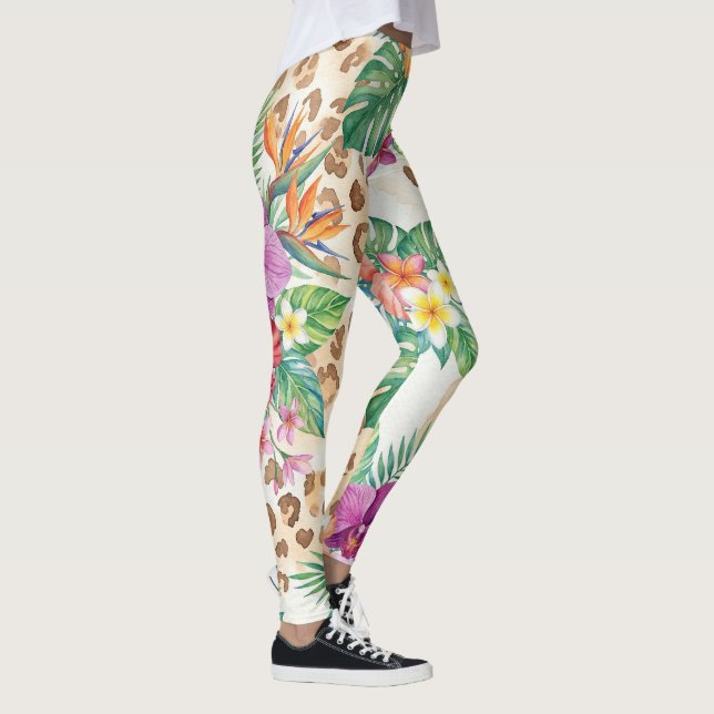 Tropiskt blomsterleopardtrycksmönster leggings (Höger)
