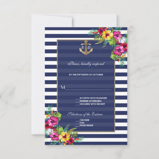 Tropiskt blomsterluau Navyblå ränder RSVP OSA Kort (Framsida)
