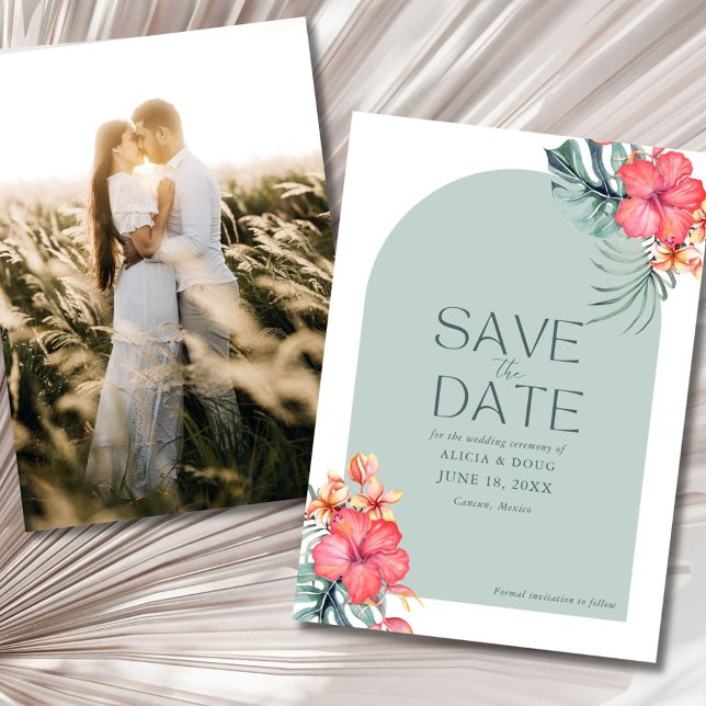 Tropiskt blomsterstrand bröllopsfoto Spara datum  Datumet (Tropical Floral Beach Wedding Photo Save the Date)