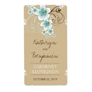 Tropiskt Blue Hibiscus Rustic Beach Wedding Flaska Fraktsedel