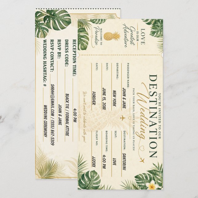 Tropiskt Boarding Pass Bröllopsinbjudan Spara Datumet (Fram/baksida)