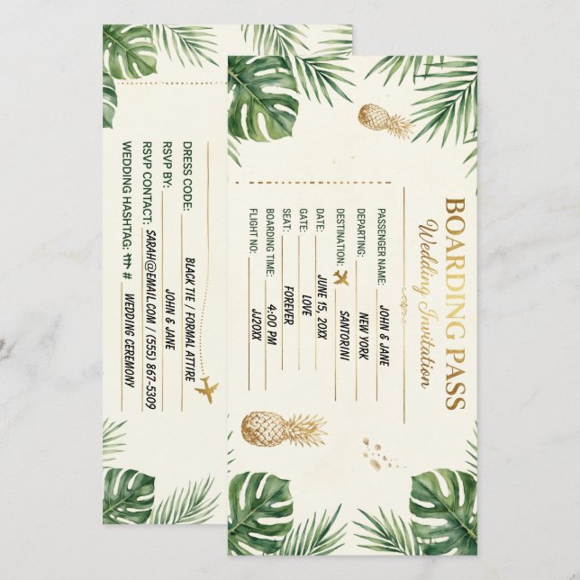 Tropiskt Boarding Pass Bröllopsinbjudan Spara Datumet (Fram/baksida)