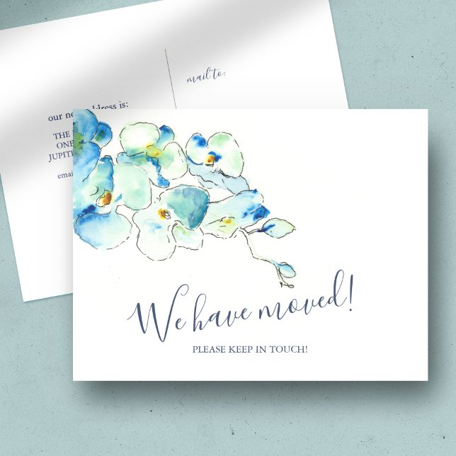 Tropiskt Botaniskt Flyttningsmeddelande Vykort (change of address postcards blue watercolor orchids art by Victoria Grigaliunas)