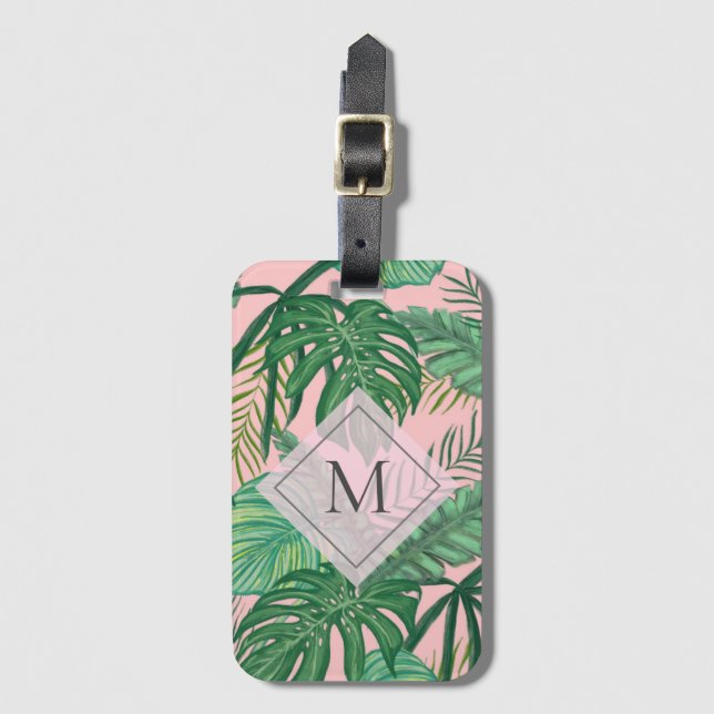 Tropiskt botaniskt vattenfärgsfärgat Rosa Art Mono Bagagebricka (Framsida vertikal)